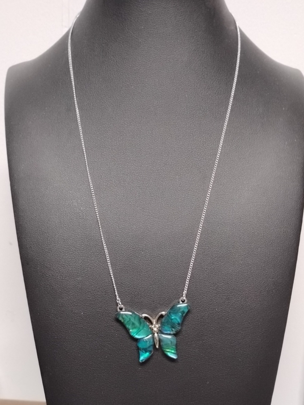 Silver Butterfly Pendant Necklace - Teal Green